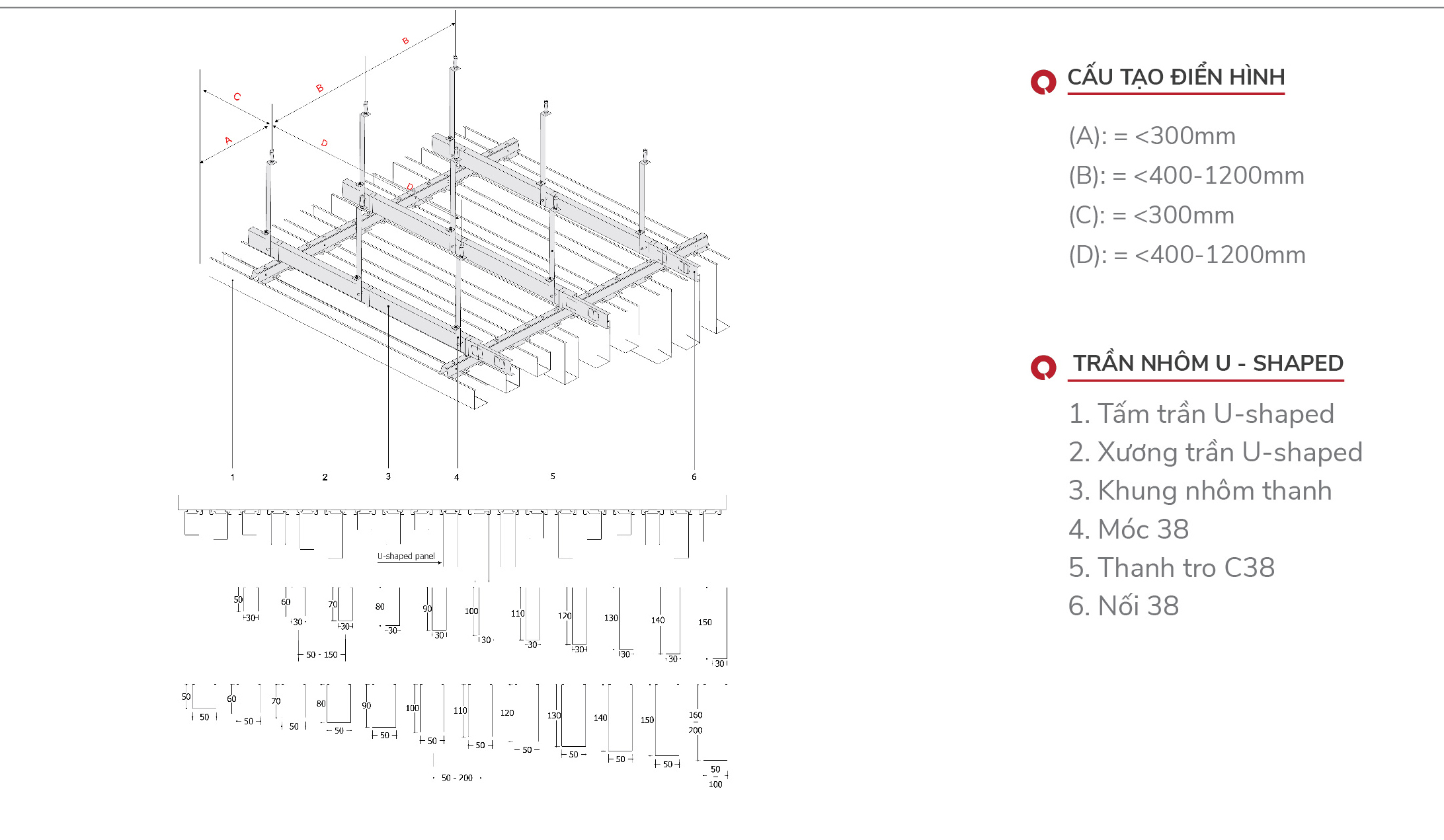 Technical drawing of U-shaped aluminum ceiling